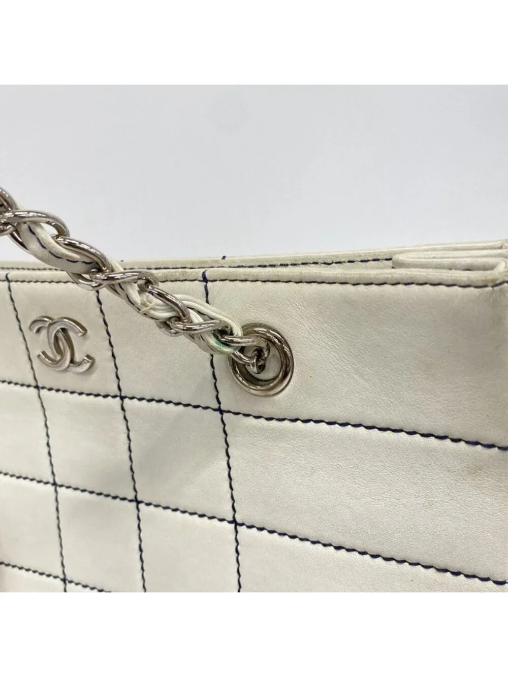 Chanel Chain Tote Wild Stitch Choco Bar Leather White Silver